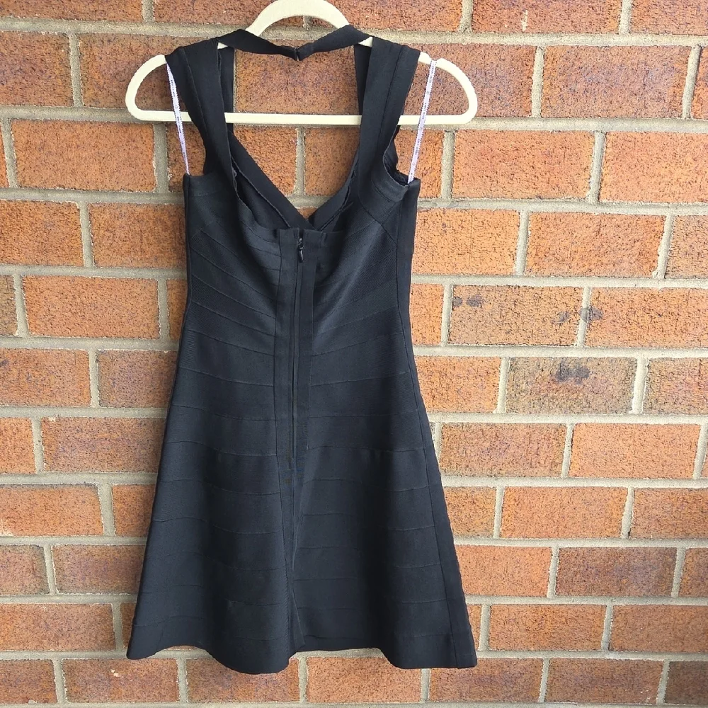 HERVE LEGER Black Bruna Sleeveless V Neck Bandage Fit & Flare Dress